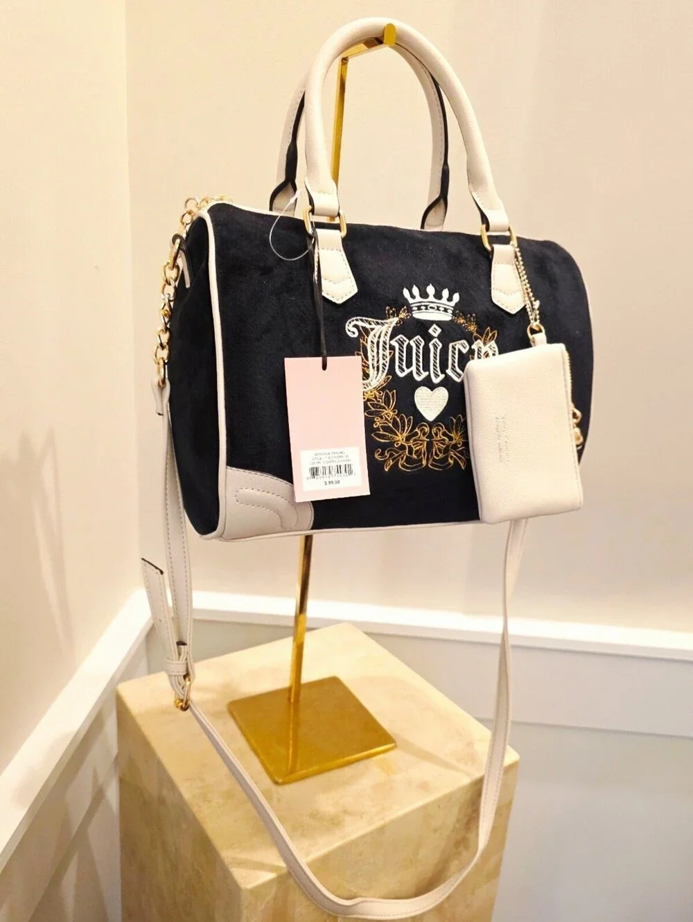 NWT Juicy Couture Heritage Satchel Crossbody Bag Wallet Black Cream Velour Y2K